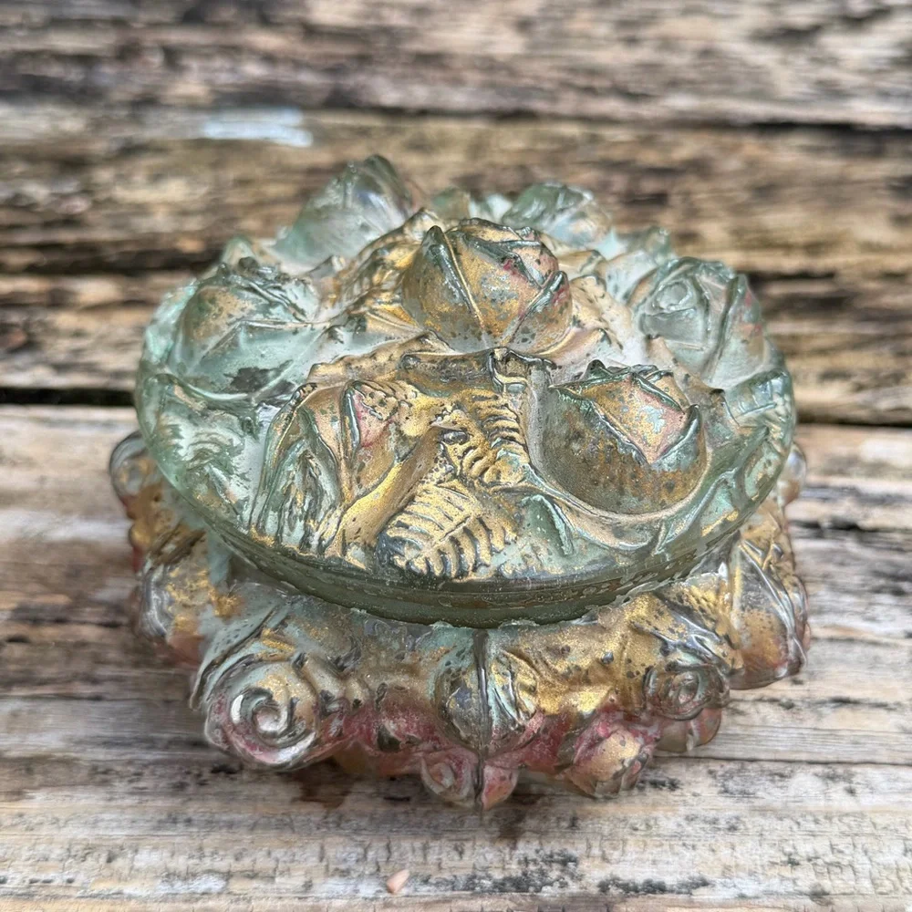 Antique Goofus Glass Vanity Powder Puff Jar Trinket Box Red & Gold Rose - Picture 2 of 9